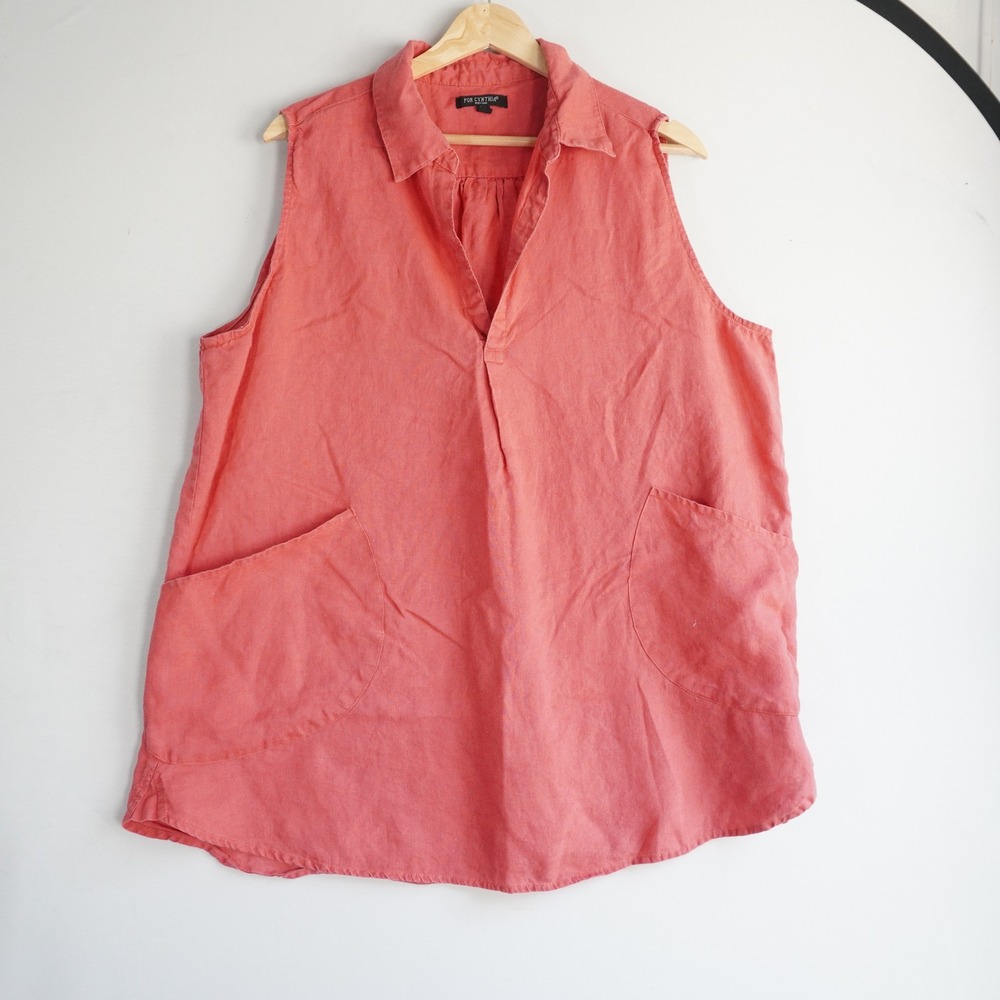For Cynthia 1X Coral Pink Linen‎ Sleeveless Tunic Top Pockets Lagenlook Coastal